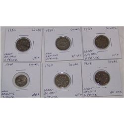 (6X$) SILVER BRITISH & NEW ZEALAND 6 PENCE & 3 PENCE 1928-1944