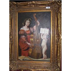 R. CASPER " SAINT PLAYING CELLO W/ CHERUB"    ANTIQUE STYLE OIL ON CANVAS FRAMED PAINTING  48T X38W