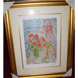 MARC CHAGALL 359/500 "RED BOUQUET WITH LOVERS" WITH CERTIFICATE OF AUTHENTICITY