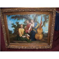 BOCELL SIGNED ANTIQUE STYLE OIL ON CANVAS FRAMED PAINTING. "THE THREE GRACES" 42T X 52W