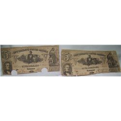 (2X$) CONFEDERATE 1863 $5  RICHMOND VIRGINIA  NOTES, ONE DELETED