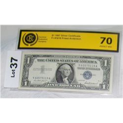 1957 U.S $1 SILVER CERTIFICATE NOTE, C.E.C  GRADED 70, 'PERFECT'  FR #1619, PRIEST ANDERSON