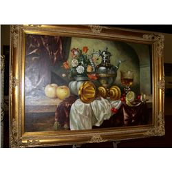 BUHARMITZ ORIGINAL OIL ON CANVAS, STILL LIFE W/ FRUIT FLOWERS & WINE FRAMED 30T X 42W