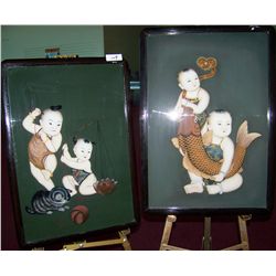 PAIR OF VINTAGE/ ANTIQUE CHINESE REVERSE GLASS CUSTOM FRAMED PAINTINGS, VERY RARE