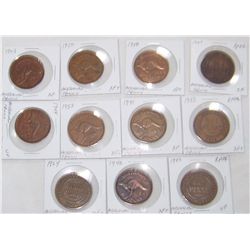 (11X$) AUSTRAILIAN PENNIES, SOME RARE DATES XF-AU CONDITION