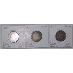 (3X$) RARE U.S MINT SILVER SEATED QUARTERS 1853,1855,1876