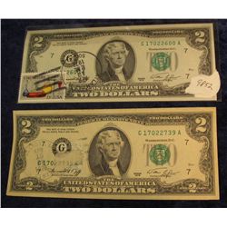 4. (2) Series 1976 $2 Federal Reserve Note with Apr 13 1976 Elliot, Iowa Postmark (no stamp) & Atlan