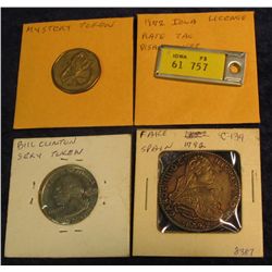 15. Copy of a 1792 Spanish 8 Escudo; 1972 Iowa Disabled Vet License Plate Key Ring tag; Mystery Toke