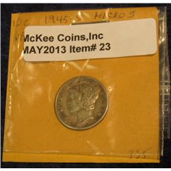23. 1945 Micro S Mercury Dime. Scarce. VF 20.