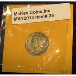 25. 1945 Micro S Mercury Dime. Scarce. F-12.