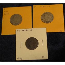 28. 1872 U.S. Shield Nickel Dark, G; 1901 & 1902 Liberty Nickels. AG-VG.