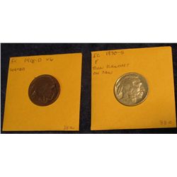 29. 1918 D VG (Dark red toning) & 1930 S Laminated Planchet Buffalo Nickels. VG-F.