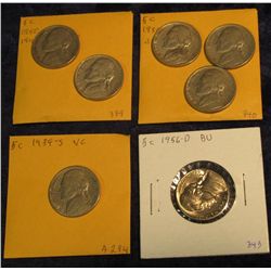 30. 1938P, D, S, 39 S, 42 P, 50 P, & 56 P Jefferson Nickel VG-BU.