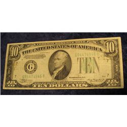 37. Series 1934A $10 Federal Reserve Note. VG. Tape stains on reverse.