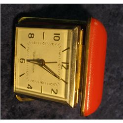 322. Red leather Cased Westclox Traveler's Alarm Clock. Runs.