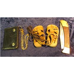 325. Baby's Leather Sandals; Leather Wallet with Chain; & a large Pakistan Folding Knife.