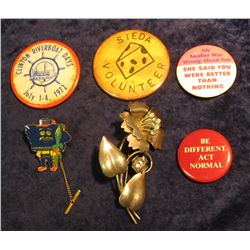 347. Large Sterling Silver Floral Pin (missing one set); Hawkeye State Tie Pin; & (4) Different Pin 