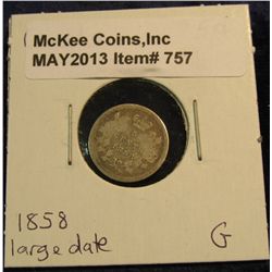 757. 1858 Large Date Canada Five Cent Silver. G.