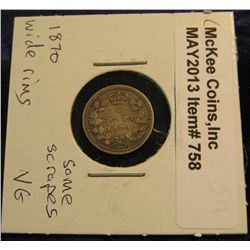 758. 1870 Wide Rims Canada Five Cent Silver. VG. Some scrapes.