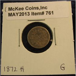 761. 1872 H  Canada Five Cent Silver. G-4.