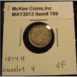 769. 1874 H Crosslet 4 Canada Five Cent Silver. VF.