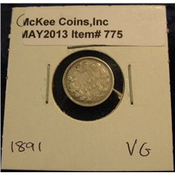 775. 1891 Canada Five Cent Silver. VG-8.