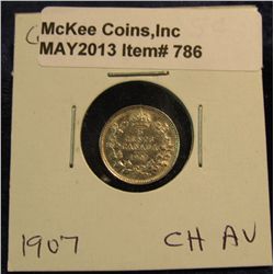 786. 1907 Canada Five Cent Silver. Choice AU.