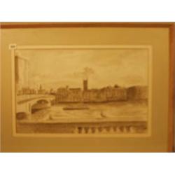Framed watercolour/ink of 'The Thames from Fishmongers Hall' by Adrian Daintrey, 22x14" £120-180...