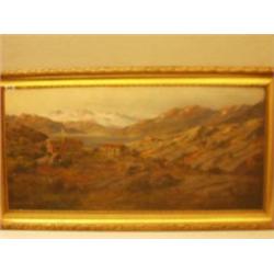 Framed oil of mountain homestead initialled G. A. ... 33x16" £100 - 150...