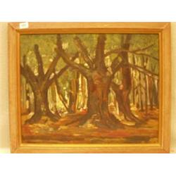 Framed oil of picnicers in forest by Alfred Bastion, 21x15" £120-180...