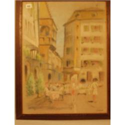Framed pastel of continental cafe by Lessore, 24x18" £120-180...