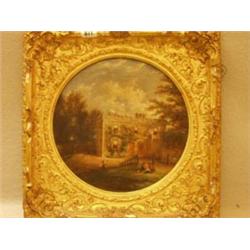 Framed oil of people on lawn and child chasing butterfly, probably Petworth House, unsigned, 12x1...