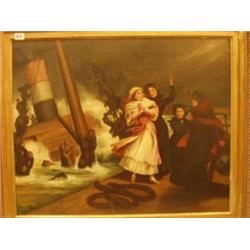 Framed oil of woman on sinking ship, not signed, 30x21" £200 - 300...