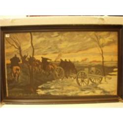 Framed oil of horse artillery in action by S. Miot 1915, 40x23" £150 - 250...