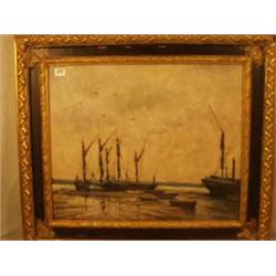 Framed oil of boats on shore by L. Richmond, 24x20" £100-200...