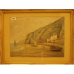 Framed watercolour of shore scene with boats and people by B. B. Hemy, 16x12" £150 - 250...