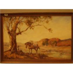 Framed oil of Australian rider and pack horse by river by W. Lister, 27x17" £400-600...