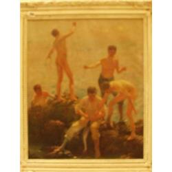 Framed oil of nude boys fishing by H. S. Tuke, 20x21" £600 - 800...