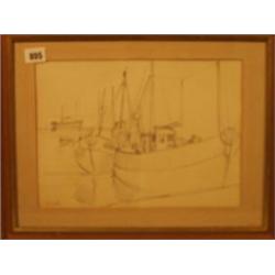 Framed ink of boats by Christopher Wood, 12x9" £120-180...