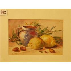 Framed watercolour still life of fruit by J. Sherrin, 8x5" £120-180...