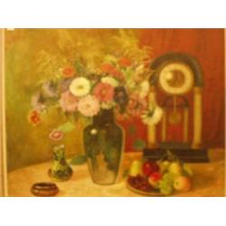 Framed oil of flowers, clock etc. signed (Hungarian?) 39x34" £120 - 150...