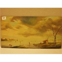Framed oil on panel of people on frozen river by Schweickardt, 18x10" £200 - 300...
