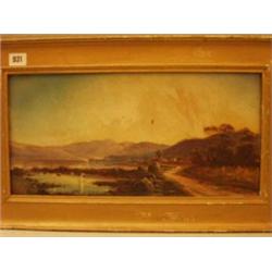 Framed oil of lake scene unsigned, 18x9" £20 - 40...