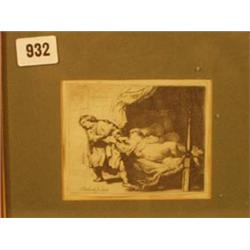 Framed etching (print) of Joseph and Potiphar's wife, 2nd. state, by Rembrand 1634, 5x5" £60 - 80...