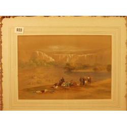 Framed watercolour of people on banks of Jordan by David Roberts, 13x9" £800 - 1200...