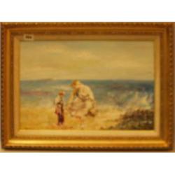 Framed oil of woman and boy on beach by Jean Laurent, 18x11" £120-180...