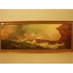 Framed oil of coast with boats and figures by J. Edwards, 38x13" £300 - 500...