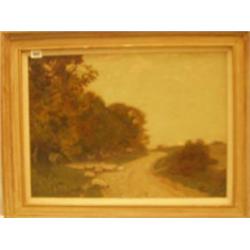 Framed oil of sheep in wooded lane by Alfred East, 24x16" £800 - 1200...