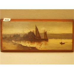 Framed oil on panel of harbour scene signed H.W.S. 14x6"...