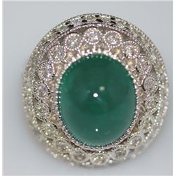 14K GOLD CABUSHION EMERALD AND DIAMOND RING